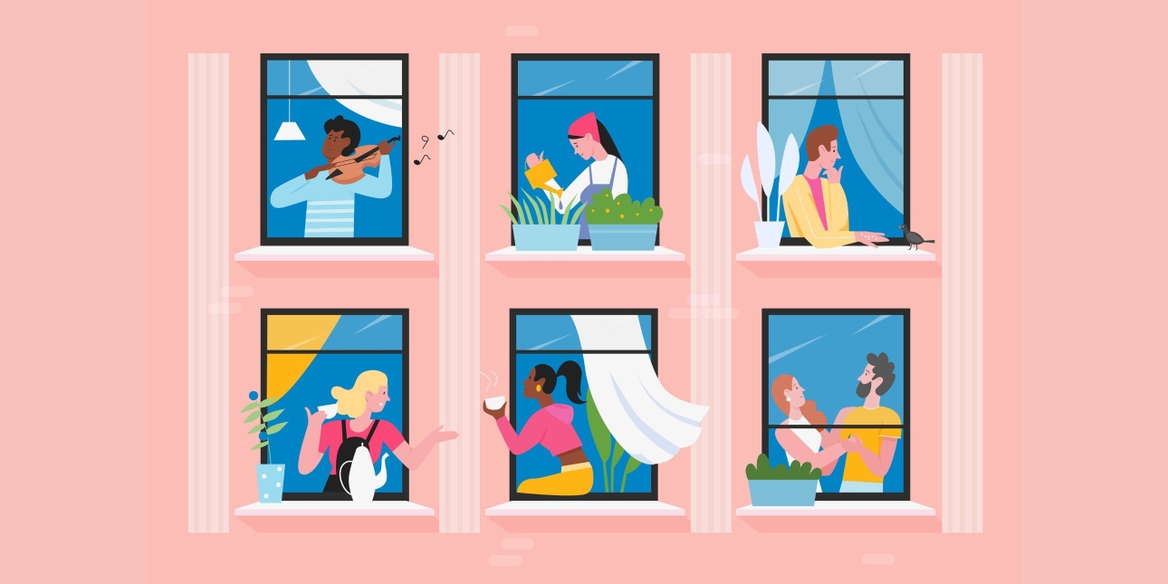 Pastel illustration of seven people of different genders and ethnicities in the windows of their apartment building